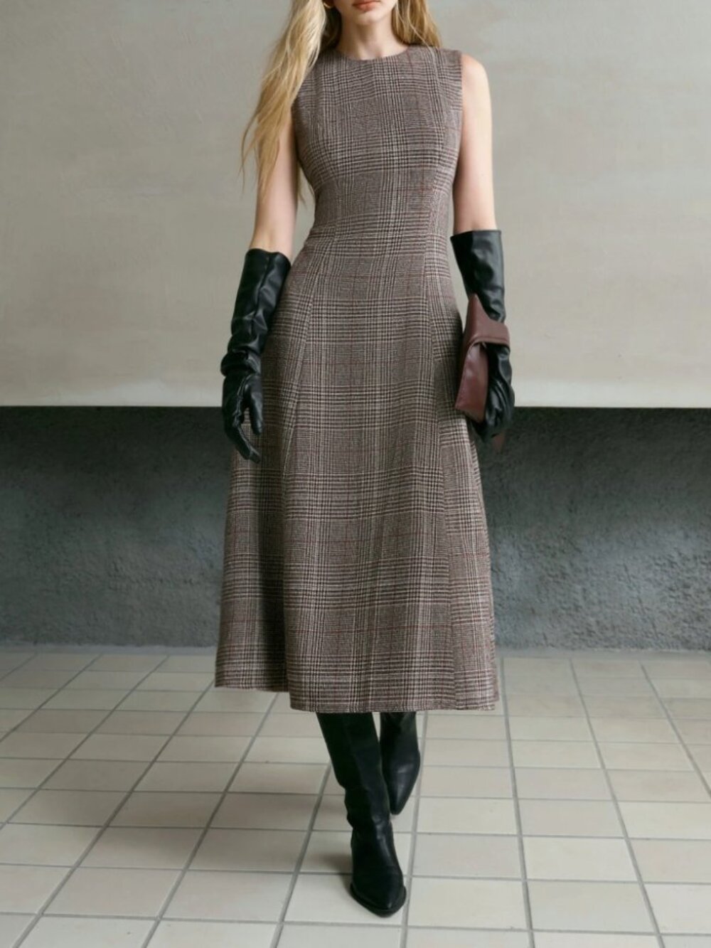 Gray Prince of Wales Plaid Sleeveless Midi Dress - Seamed A-Line